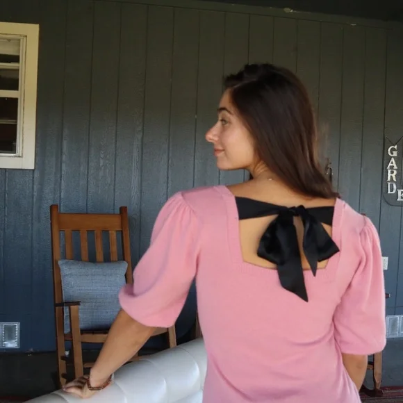 Cashmere Puff Sleeve Top Square Neck, Pink Cashmere Sweater w Silk Bow S,M,L,XL - Picture 3 of 9